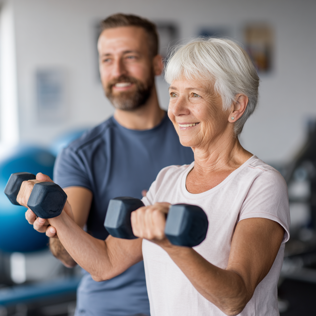 Professional fitness trainer helping older adults with exercise routines